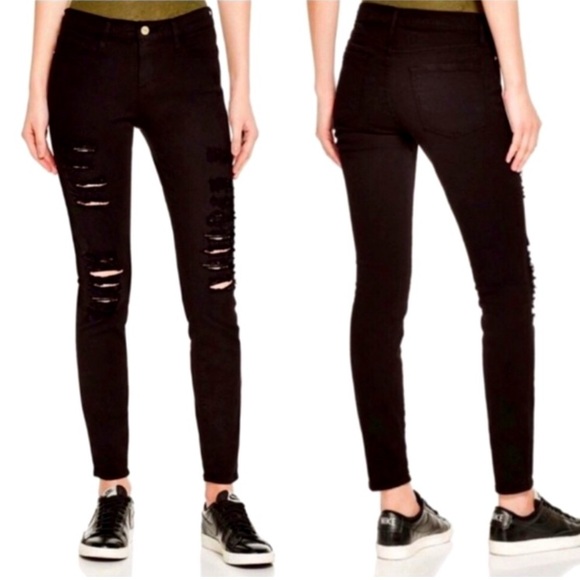 Frame Denim Le Skinny de Jeanne Distressed Ripped Black Jeans Film Noir Size 26 - Picture 14 of 14